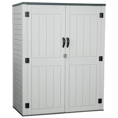 EHHLY Vertical Resin Storage Shed with 2 Shelves, 60 Cuft Garden Tool Sheds & Outdoor Storage, Plastic Outdoor Storage Cabinet Waterproof, 4.5 x 2.3 ft Outside Lawn Mower Storage Shed, Light Grey