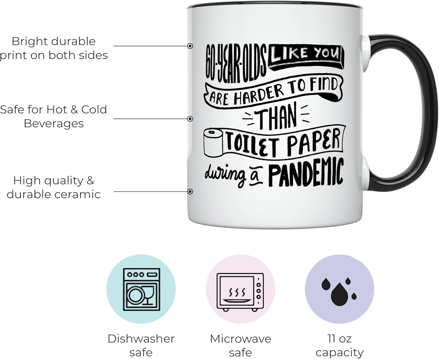YouNique 60th Birthday Mug, 11 Ounces, Funny Coffee Cup Ideas for Men and Women, 60 Birthday Gift (Black Handle)