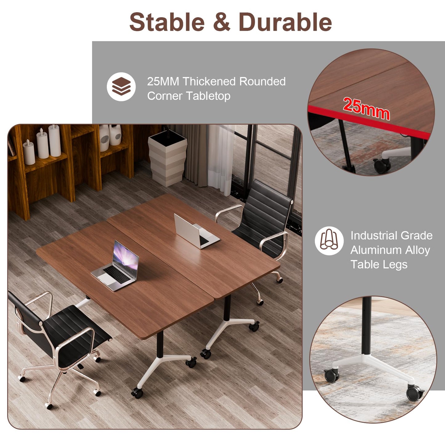 robwibw 63INCH Folding Conference Table On Wheels, 6 Pack Modular Walnut Rolling Conference Room Tables for 8-16 Person Training Table for Office Classroom(6, Walnut, 63 INCH)