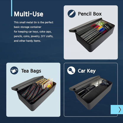 Black Metal Tin Box Lids - Large Containers for Keeping Car Keys, Cookies, Pencil Case, 8.2 x 4.7 x 2.4 inch