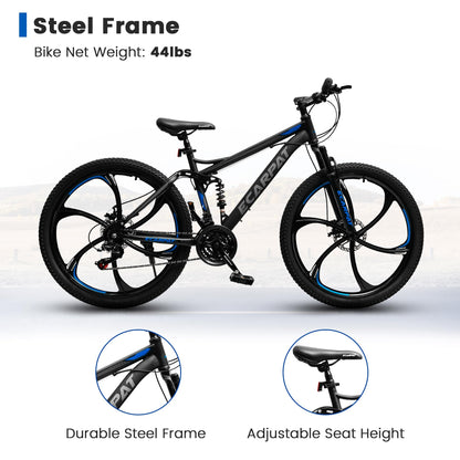 Ecarpat 26 Inch Full Suspension Mountain Bike, 21 Speeds Dual Disc Brake, Men Women Carbon Steel Mountain Bike, Adult Trail Beach Snow Commuter City Bikes