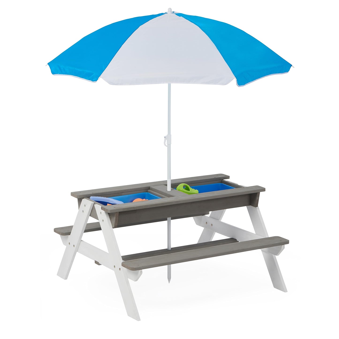 3-in-1 Kids Outdoor Wooden Picnic Table with Umbrella, Convertible Sand & Wate, Gray ASTM & CPSIA Certification