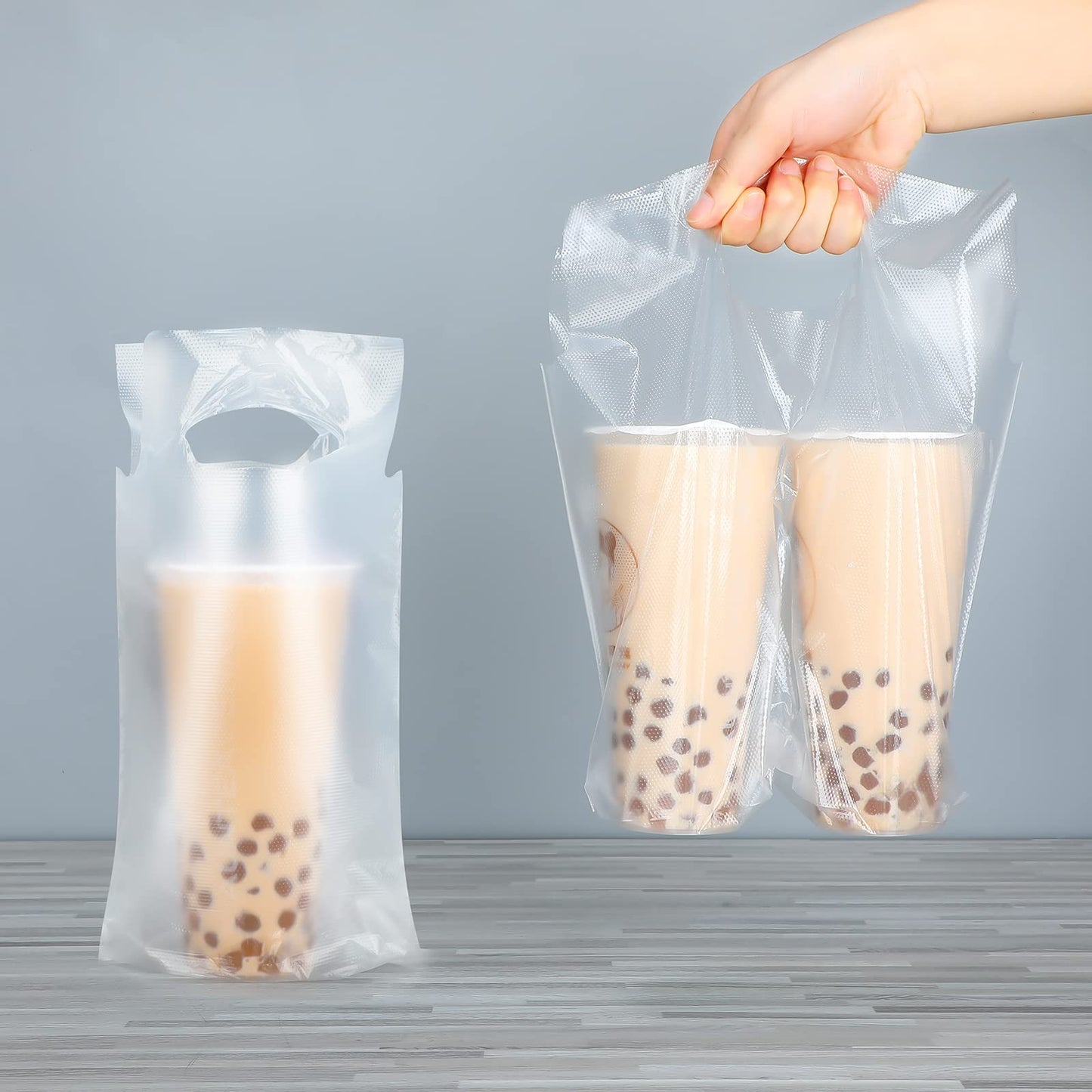 Tinlade 200 Pcs Clear Handle Drinking Poly Bags Bulk 2 Cup and 1 Cup Plastic Portable Cup Carrier Holder Bag Packaging Delivery Hanging Hole, 6.3 x 10.2, 12.2 x 10.2 Inch