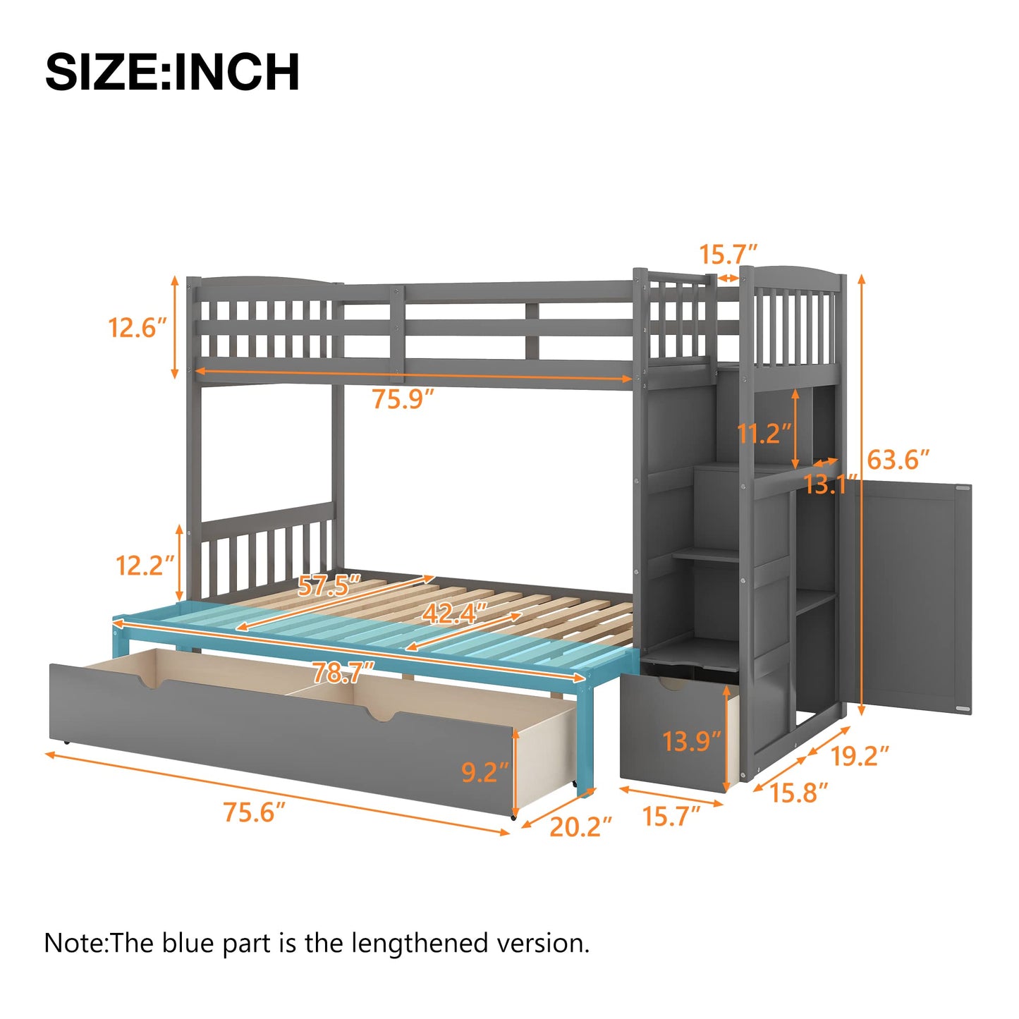 Merax Twin Over Full/Twin Bunk Bed with Stairs & Storage, 3-in-1 Convertible Bottom Bed with Storage Shelves and Drawers, Bunk Bed with Guardrails for Bedroom, Gray