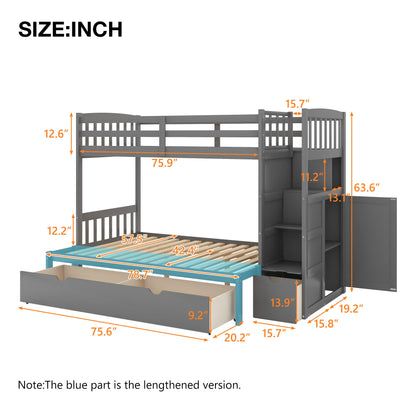 Merax Twin Over Full/Twin Bunk Bed with Stairs & Storage, 3-in-1 Convertible Bottom Bed with Storage Shelves and Drawers, Bunk Bed with Guardrails for Bedroom, Gray