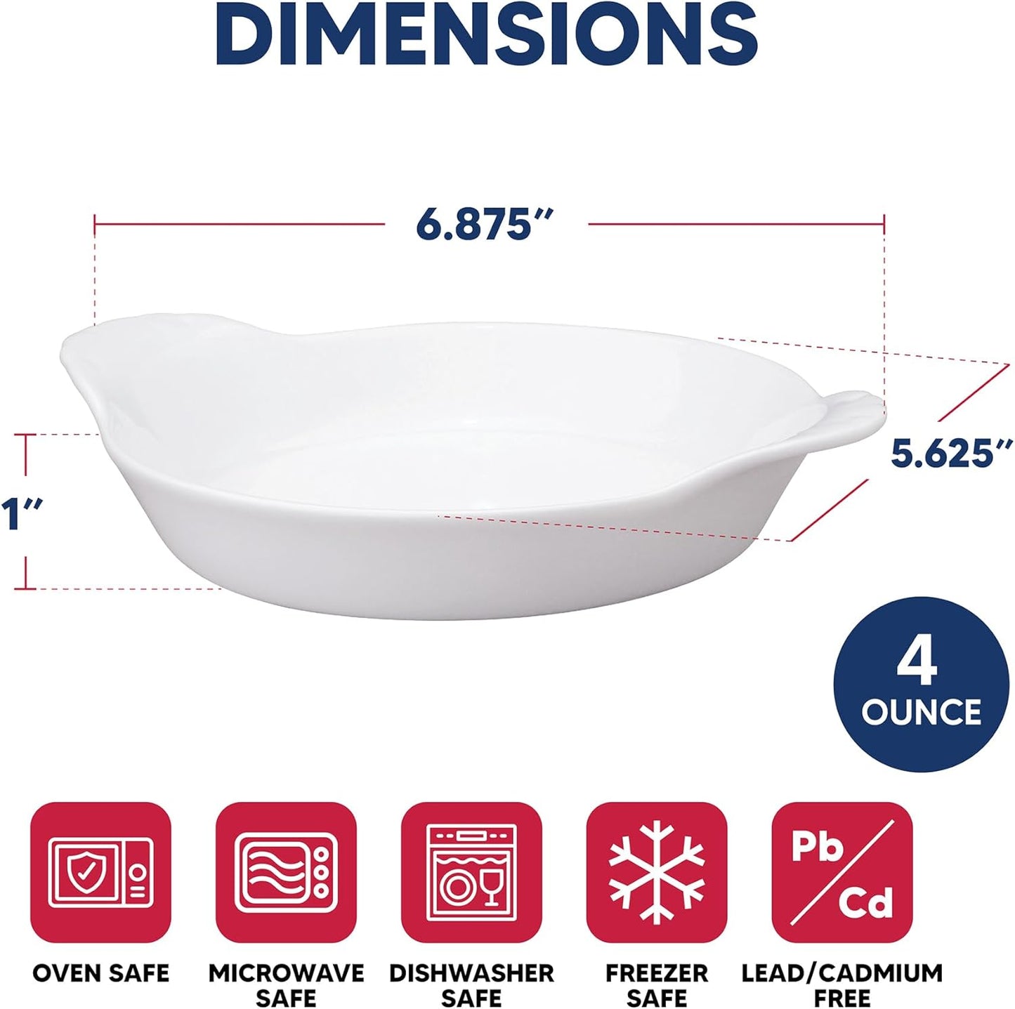 HIC Kitchen Set of 6 Round Au Gratin Baking Dishes, Fine Porcelain, 4-Ounce
