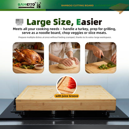 BAMOTTO CRAFTBAMBOO 24 x 18 Inch Large Bamboo Cutting Board and Stovetop Cover, Over-the-Sink Board with Detachable Support Legs & Secure Front Lip, Carving and Pasta Board