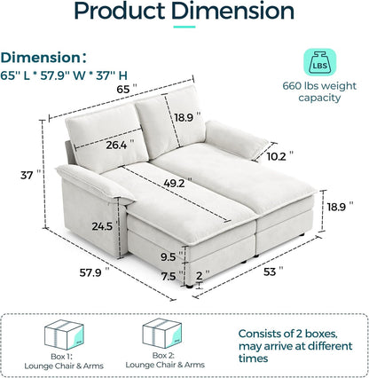 LINSY HOME Modular Sofa Chaise Lounge, 65" Cloud Sofa Bed Lounge with Armrests, Chenille Sleeper Sofa for Living Room, Apartment, Home Theater, Beige