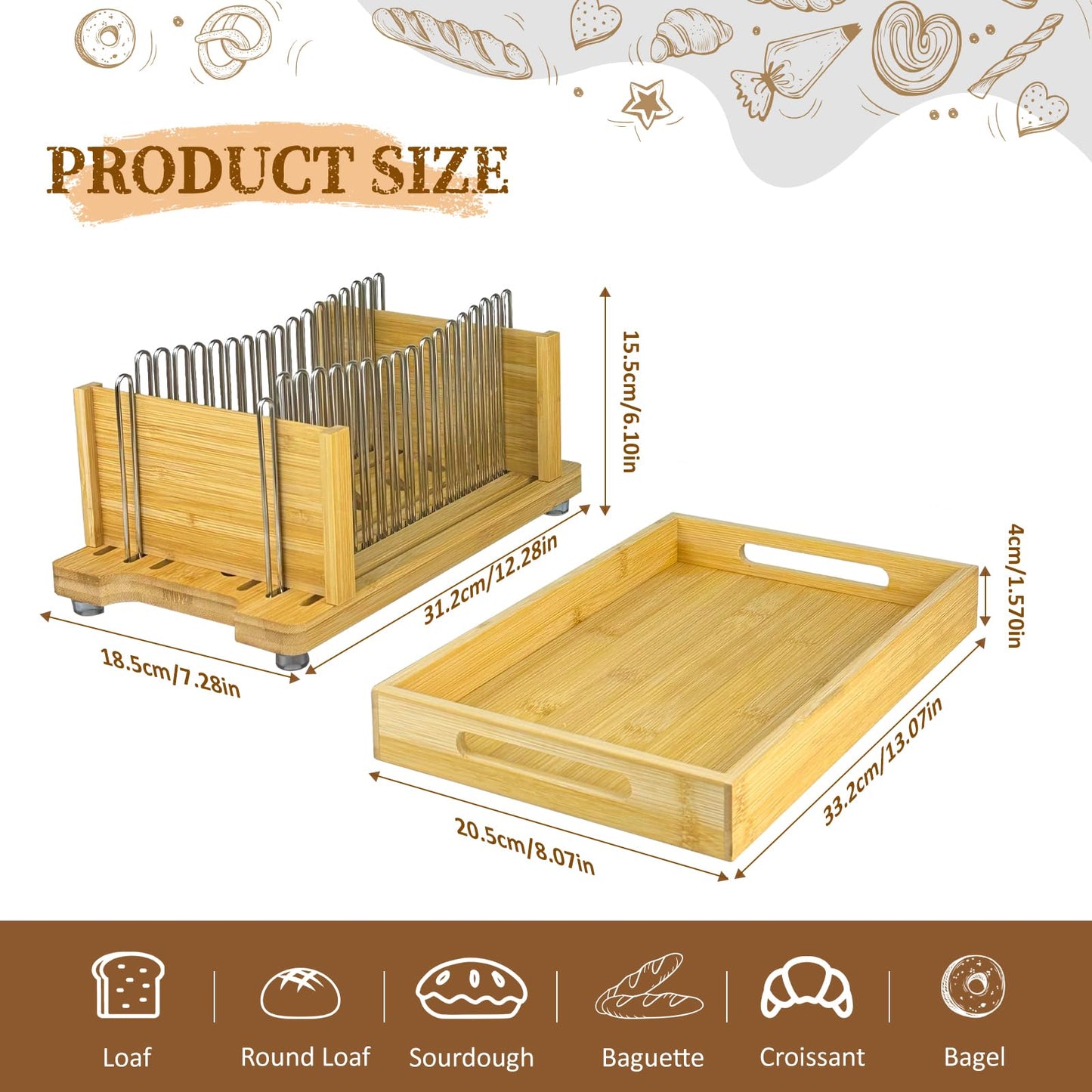 Bamboo Bread Slicer for Homemade Bread by Forest Manor - Adjustable Width Stainless Steel Slicing Guides & Crumb Tray -Sourdough Bread, Cakes, Loaves, Bagel Slicer - Kitchen Baking Tools & Gifts
