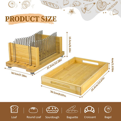 Bamboo Bread Slicer for Homemade Bread by Forest Manor - Adjustable Width Stainless Steel Slicing Guides & Crumb Tray -Sourdough Bread, Cakes, Loaves, Bagel Slicer - Kitchen Baking Tools & Gifts