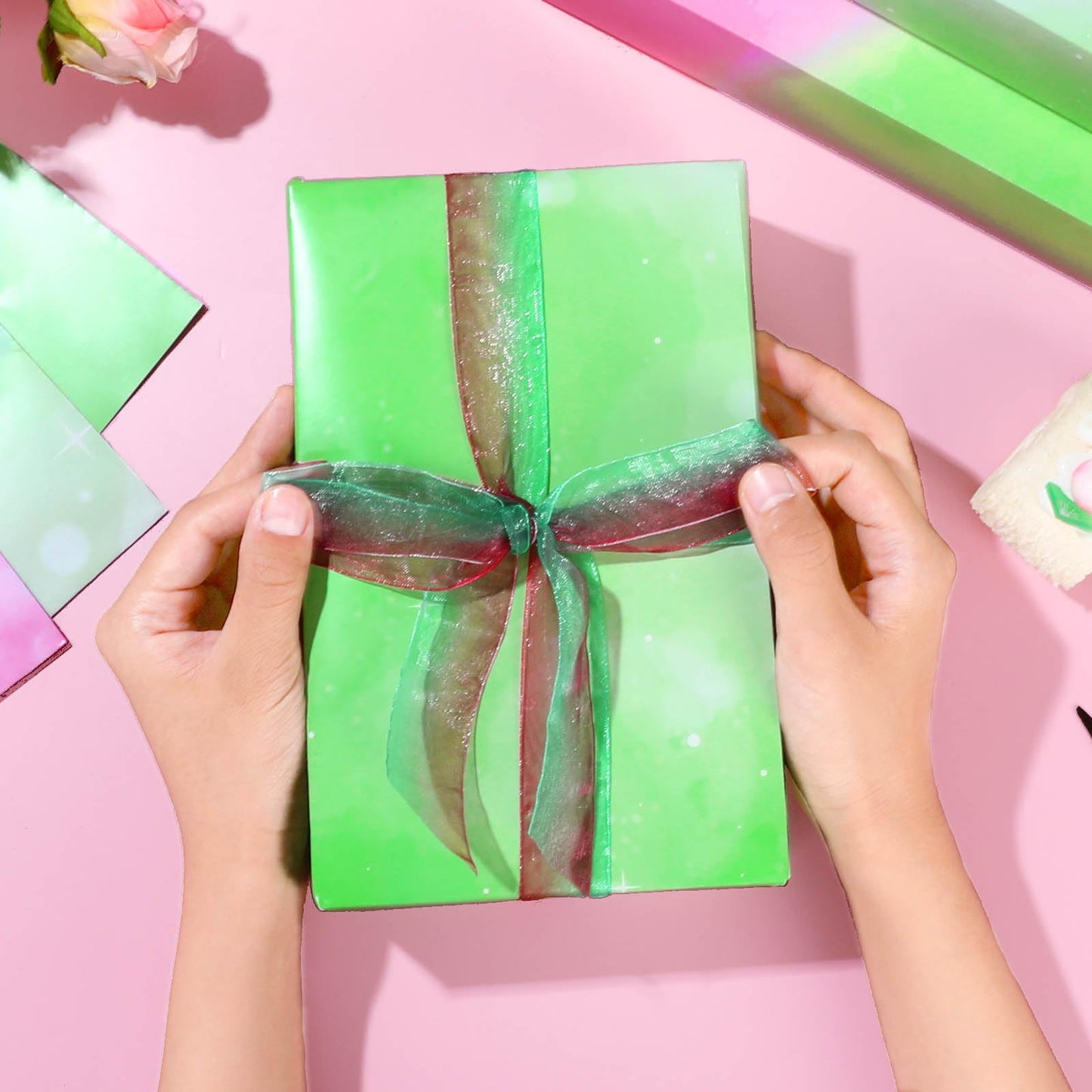Pineraap 12 Sheets Pink and Green Wrapping Paper, Gradient Gift Wrap Paper Watercolor Gift Packing Paper for Girls Women Witch Themed Birthday Party DIY Crafts, 19.7 x 27.6 Inch