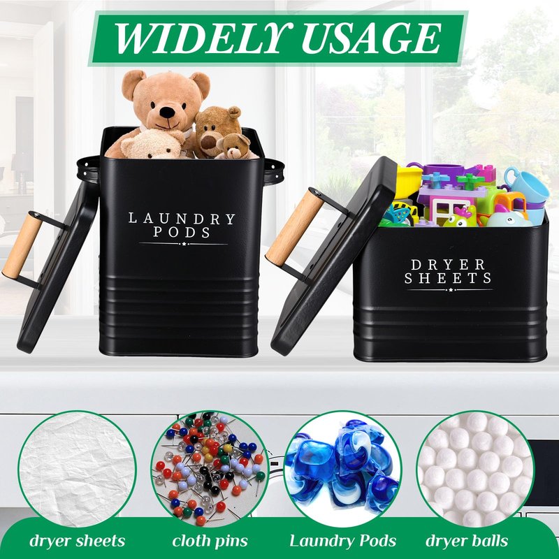 Yaocom 2 Pcs Laundry Pod Container with Dryer Sheet Holder Farmhouse Laundry Room Decor Organization and Storage Detergent Container Box with Lid Handle Metal Dryer Sheet Dispenser(Black)