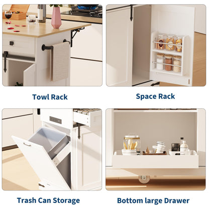 Large Rolling Kitchen Island with Power Outlet, Mobile Kitchen Cart on Wheels with Drop Leaf, 3 Drawers, Trash Can Storage, Spice Rack, Towel Holder, Kitchen Island Table for Dining Room, Home, White