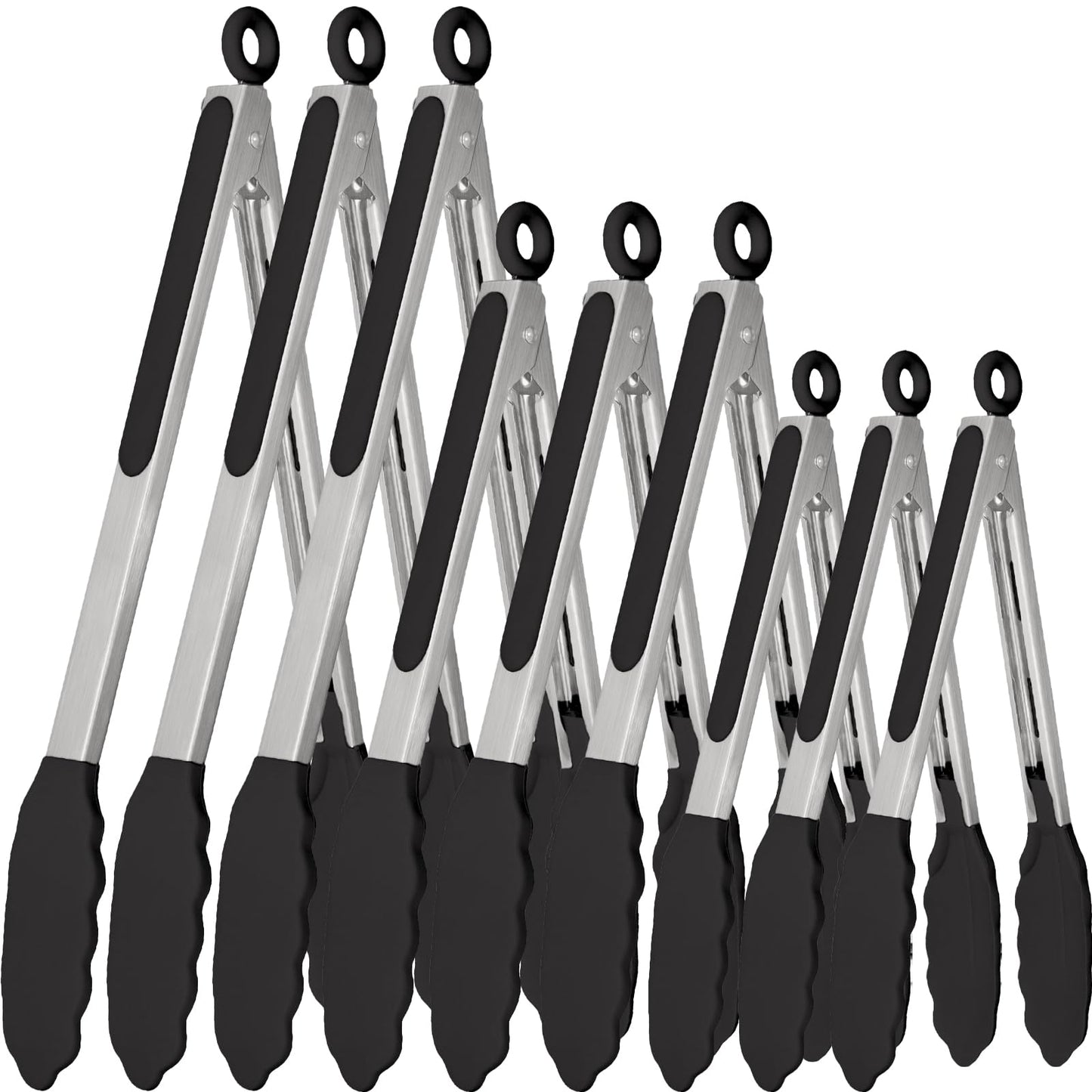 9 Pieces Silicone Tongs for Cooking 7,9,12 inches Kitchen Tongs with Silicone Tip Stainless Steel Heat Resistant Cooking Tongs for Food Grill Salad BBQ Frying and Serving, Black