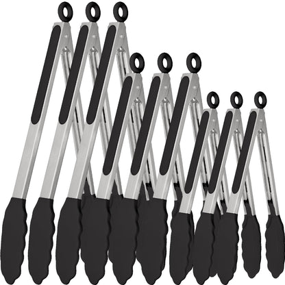 9 Pieces Silicone Tongs for Cooking 7,9,12 inches Kitchen Tongs with Silicone Tip Stainless Steel Heat Resistant Cooking Tongs for Food Grill Salad BBQ Frying and Serving, Black
