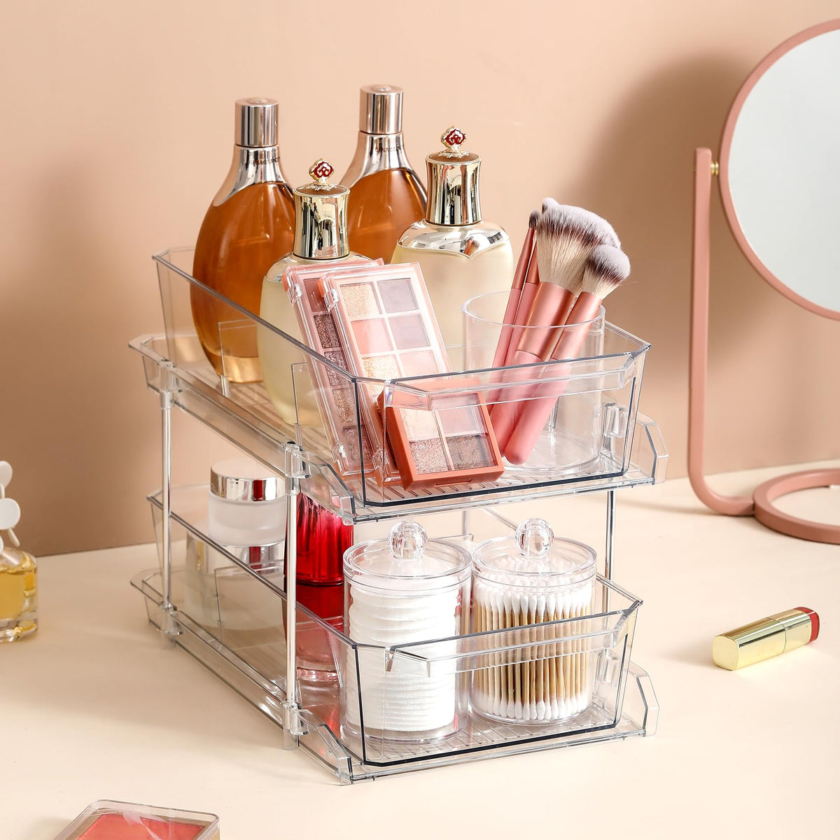 2 Set, 2 Tier Clear Organizer with Dividers for Cabinet, Shlef, Counter - MultiUse Slide-Out Storage Container - Kitchen, Pantry, Medicine Cupboard Bins, Bathroom, Vanity Makeup, Under Sink Organizing