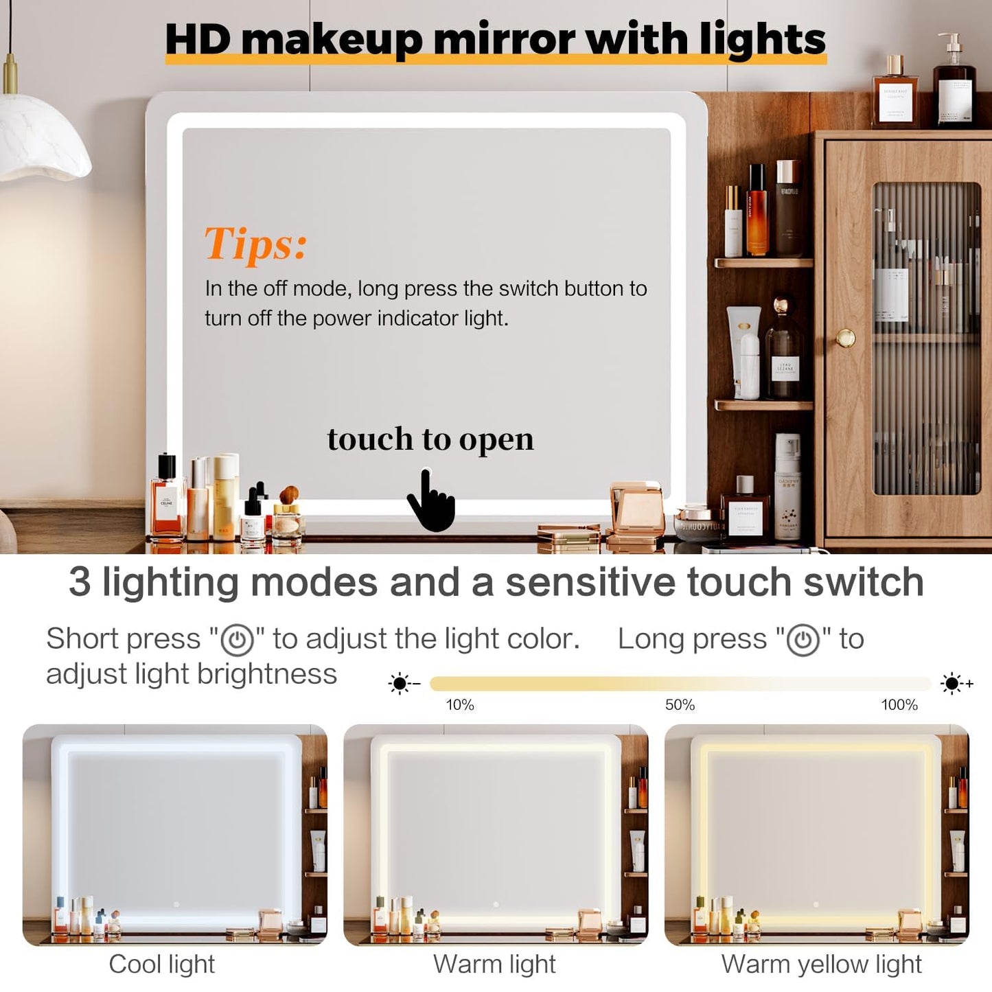 Arulvmrn Vanity Desk with 29.53" HD Lighted Mirror, 47.24" Big Modern Vanity Desk with Mirror and Lights, Makeup Vanity with 5 Drawers and Storage Shelves and Charging Station,Brown