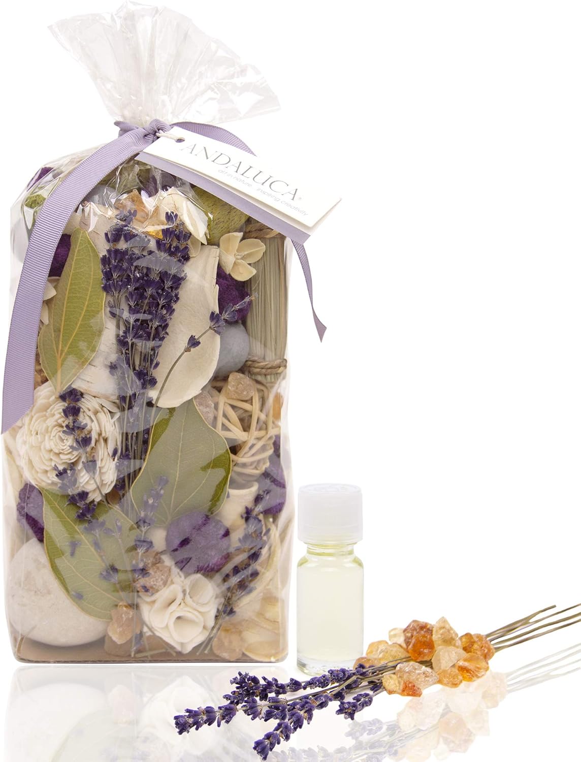 20 oz ANDALUCA Amber Lavender Potpourri | Large Bag + Fragrance Vial | Scents of Crushed Lavender, Crystal Amber, White
