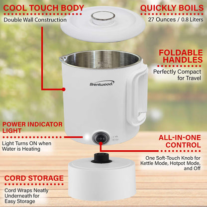 Brentwood KT-1504W 27oz Electric Travel Kettle & Hot Pot, Collapsible, Cool Touch Double Wall Stainless Steel Construction, Cordless with 360° Base, Auto Shut Off, Boil Dry Protection (White)