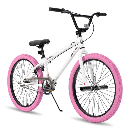 JOYSTAR 24 Inch Kids Bike Freestyle BMX Bikes for 8-12 Years Boys Girls and Beginner Riders, 24 Inch Bikes with Pink Tires, White Frame