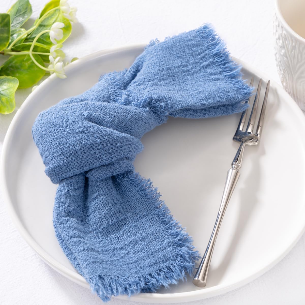 MLMC 6 Pack Dusty Blue Cloth Napkins with Fringe Boho Linen Napkins Washable Reusable Rustic Dinner Table Decor 17"×17" for Wedding Party Bridal Baby Shower Home Decor