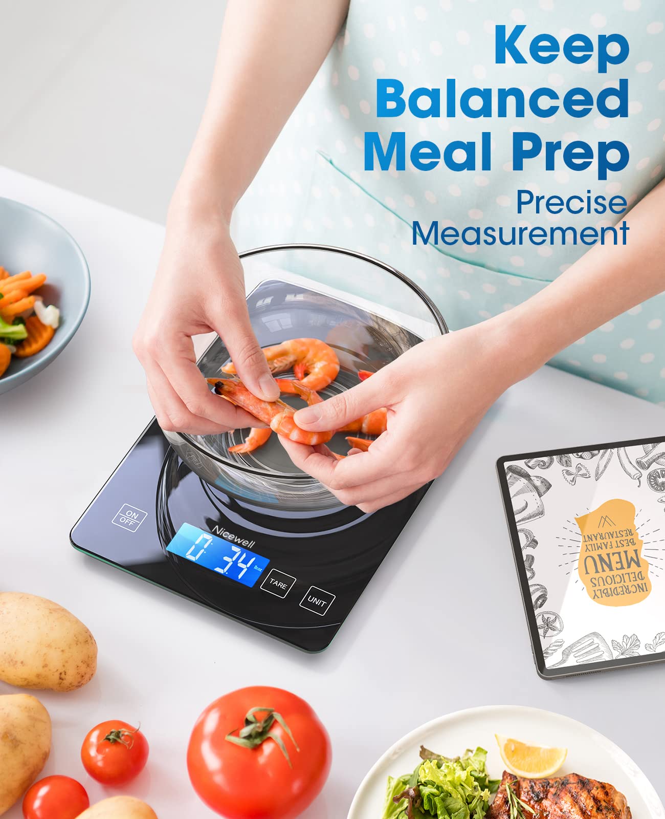 Nicewell Food Scale Digital Weight Grams and oz, 22lb Kitchen Scale for Cooking Baking, 1g/0.1oz Precise Graduation, Sleek Tempered Glass Platform