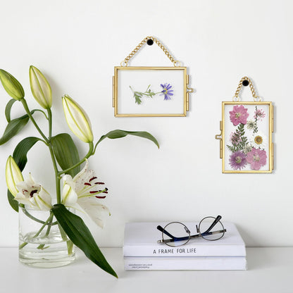4Pcs Double Glass Frame for Pressed Flowers, 2x3 inch Picture Frame Mini Brass Wall Hanging Photo Floating Frame with Chain for Plant Specimen Artwork Display Home Wall Decor (Gold, Vertical)