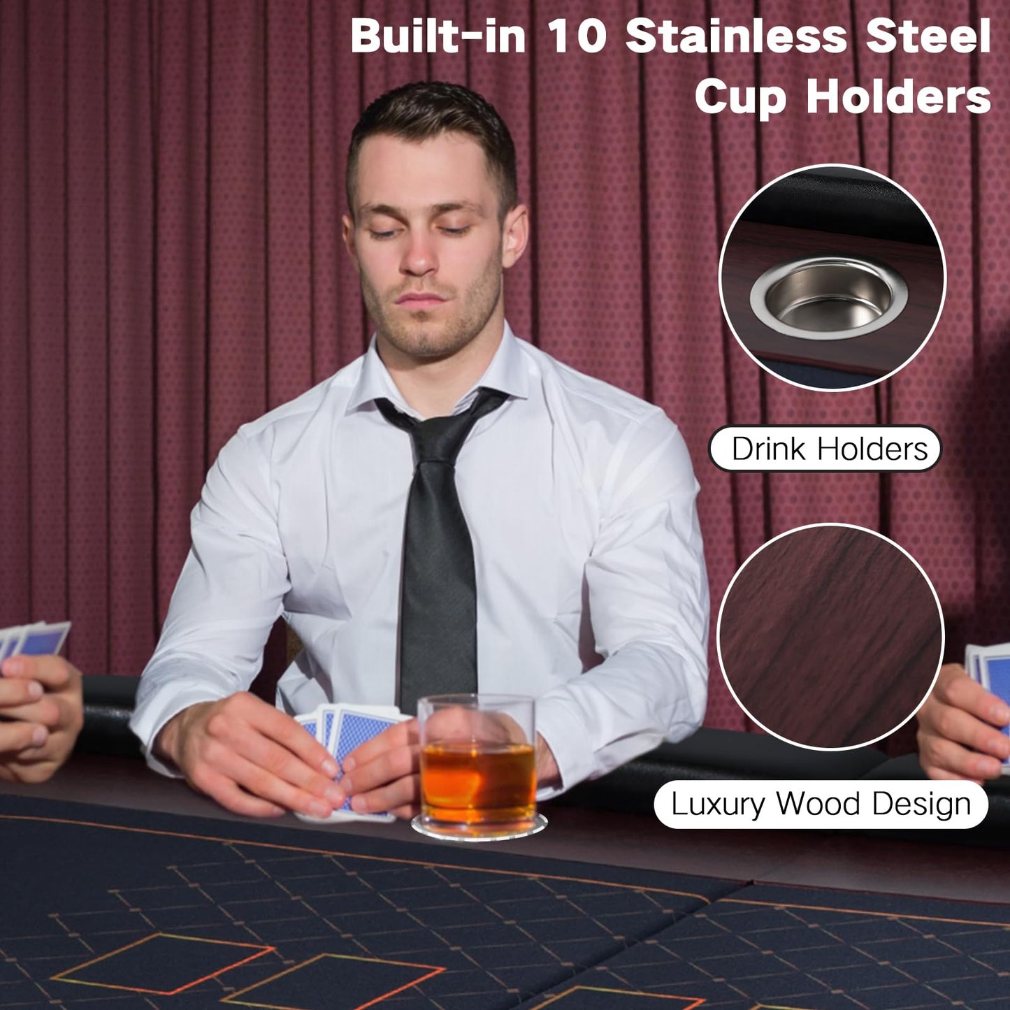 REAHOISY 10 Player Foldable Poker Table, 86" Large Professional Folding Texas Holdem Poker Card Table, Portable Casino Table for Game Room with Padded Rails & Cup Holders