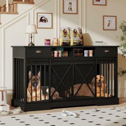 63" Large Dog Crate Furniture, Heavy Duty Indoor Dog Kennel with Removable Divider, Sliding Doors, 2 Drawers and Open Shelves, Decorative TV Stand for Living Room, Black