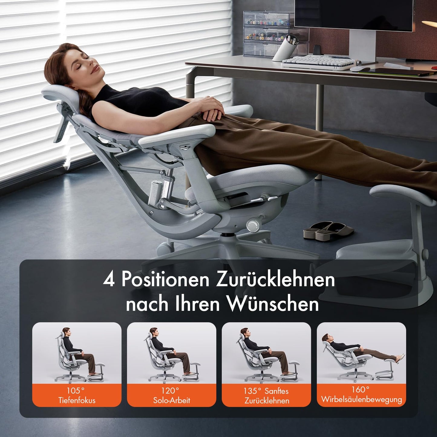 LiberNovo Dynamic Ergonomic Desk Chair + StepSync Footrest Bundle - Comfy Home Office Chair with Adaptive Lumbar Support, 160° Recline & Built-in Spine Stretch, Gray+48cm