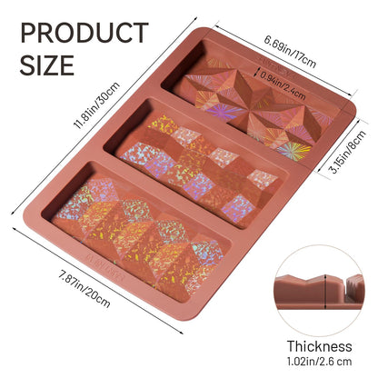 Holographic Chocolate Bar Mold, Large Thick 3-Cavity Silicone Mold for Chocolate Bars, Geometric Design, Food-Grade Non-Stick Mold for DIY Baking, Candy, and Wax Making