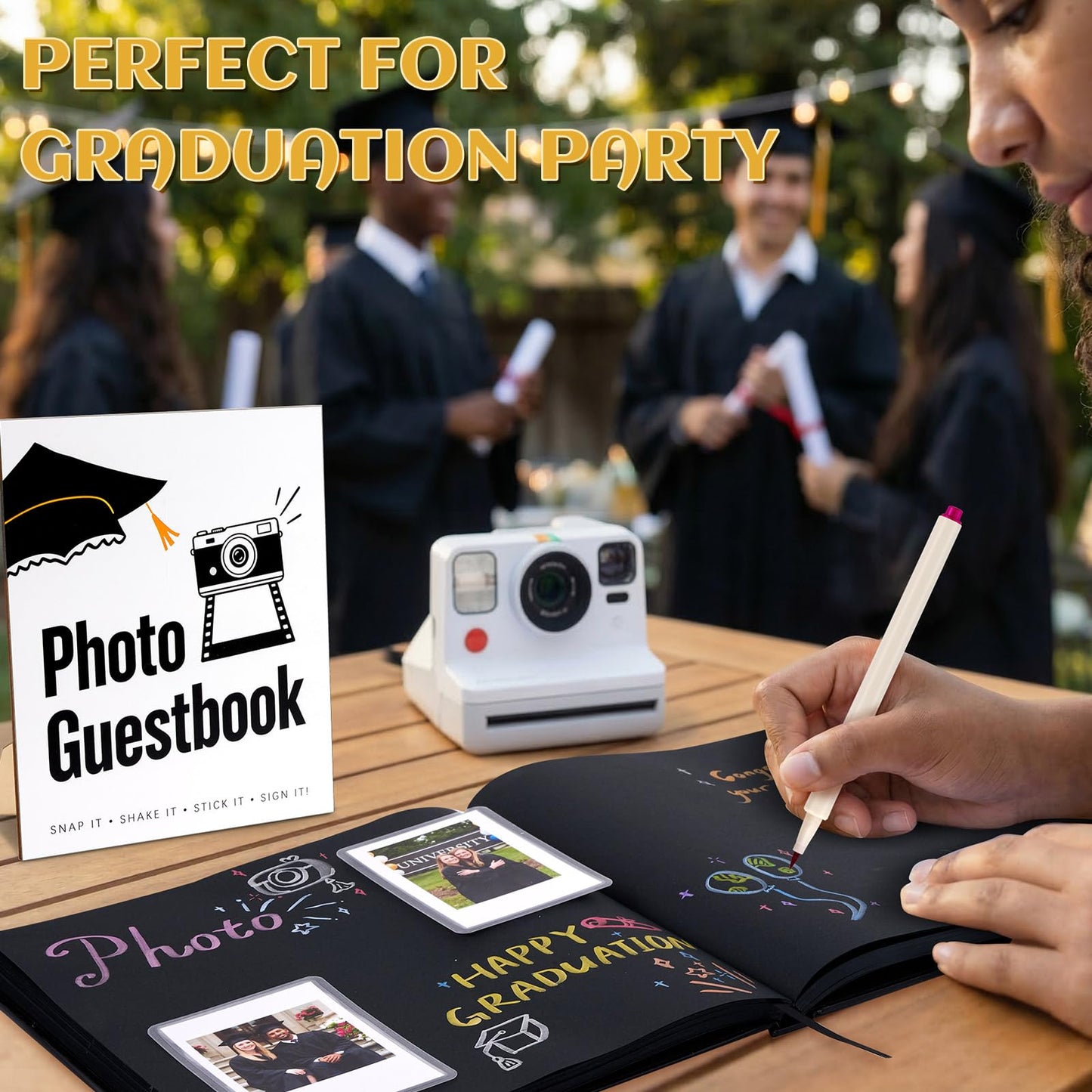 LawnIdyll 2026 Graduation Guest Book with Photo Sign Metallic Pens Stickers 144 Pages Class of 2026 Scrapbook Album Gift Memory Book for High School College Graduation Party Supplies (Black)