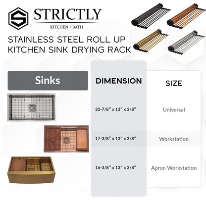 Strictly Sinks Stainless Steel Roll Up Dish Drying Rack – Gold 17 Inch Over The Sink Drying Rack Ideal for Workstation Sinks Only – Multipurpose Foldable Kitchen Dish Rack (17-3/8″ x 13″ x 3/8″)