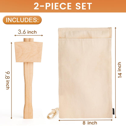 Cakasi Lewis Bag and Ice Mallet Crush Set, Wooden Hammer Reusable Canvas Bag for Crushed Use Home Party Bar Kitchen Dried Crushing Drinks