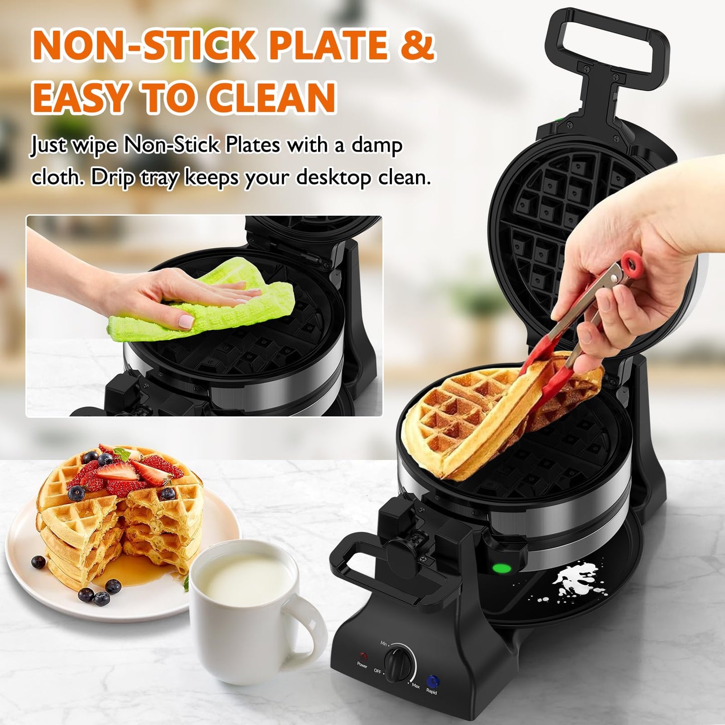 Waffle Maker, 1400W Belgian Waffle Maker, Double Waffle Iron 180° Flip, Rotating Nonstick Plates, Adjustable Browning Control, Locking Buckle & Cool Touch Handle, Removable Drip Tray, Stainless Steel