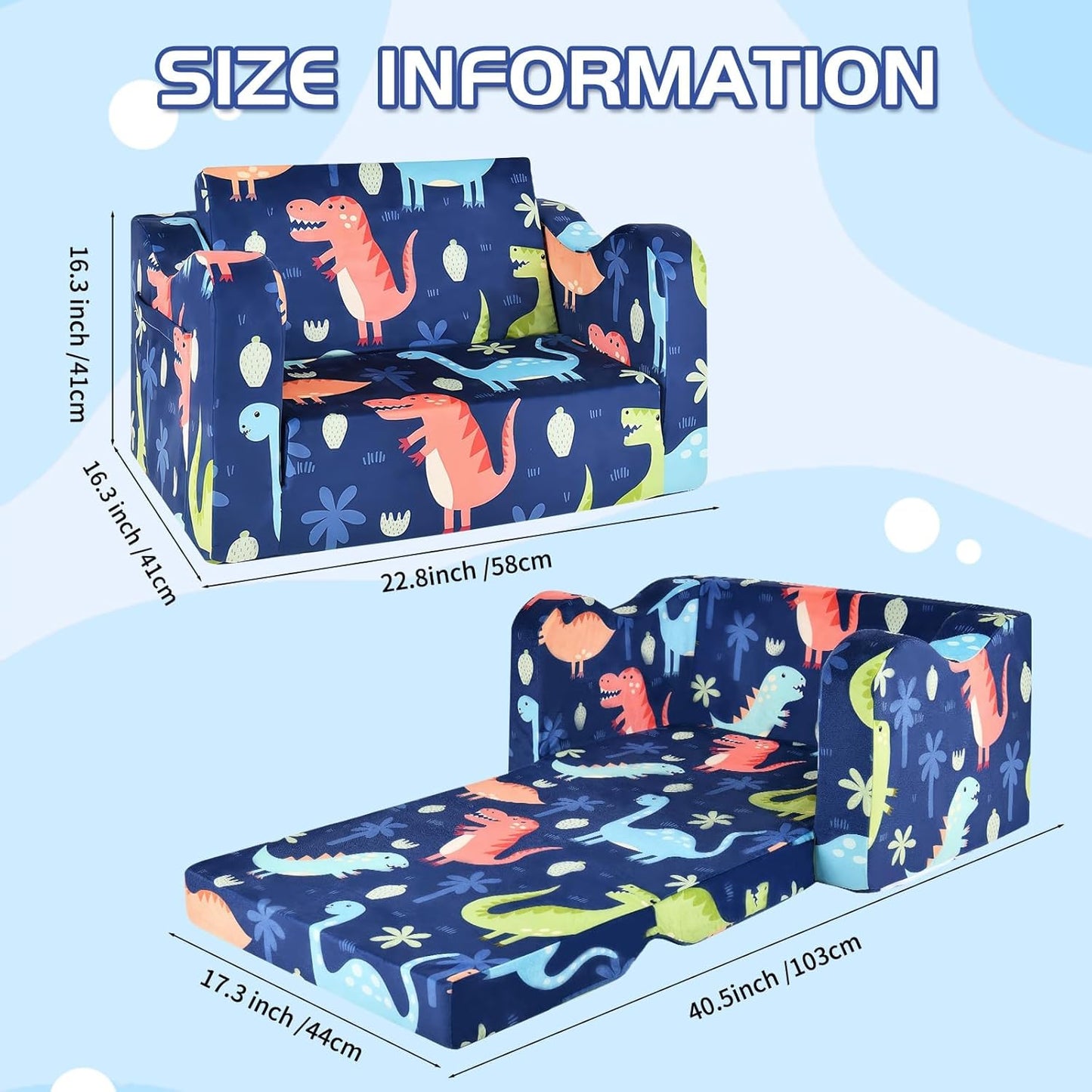 2-in-1 Kids Couch Sofa Toddler Sofa Dinosaur Foldable Toddler Couch Bed Flip Open Kids Chair for Playroom Bedroom Gift
