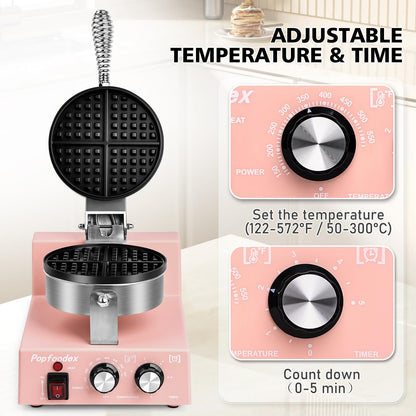 Popfoodex Commercial Waffle Maker for Restaurant, 110V Electric Waffle Maker w/Non-stick and 122–572°F Adjustable Temp, 1200W Profession Waffle Iron with Timer and Heavy Duty, Hotel Waffle Machine