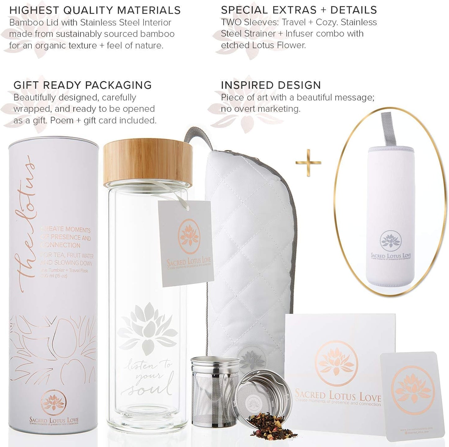 15oz Cozy Sacred Lotus Love Double-Walled Glass Tea Tumbler with Infuser and Strainer - Perfect for Loose Leaf Tea