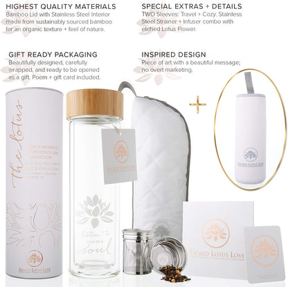 15oz Cozy Sacred Lotus Love Double-Walled Glass Tea Tumbler with Infuser and Strainer - Perfect for Loose Leaf Tea