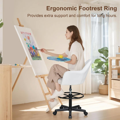 VECELO PU Leather Drafting Chair with Low Back and Footrest Ring, Height Adjustable, Swivel Rolling Wheels, for Drawing/Standing Desk/Office, White