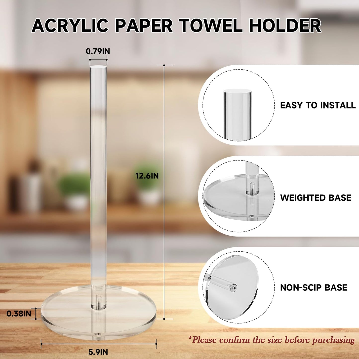 WORHE Paper Towel Holder Countertop Clear Acrylic 5.9" Diameter Thickening Sturdy Base,for Kitchen Bathroom, Paper Towel Dispenser for Tear Tissue Roll 1 Pack (YGC001)