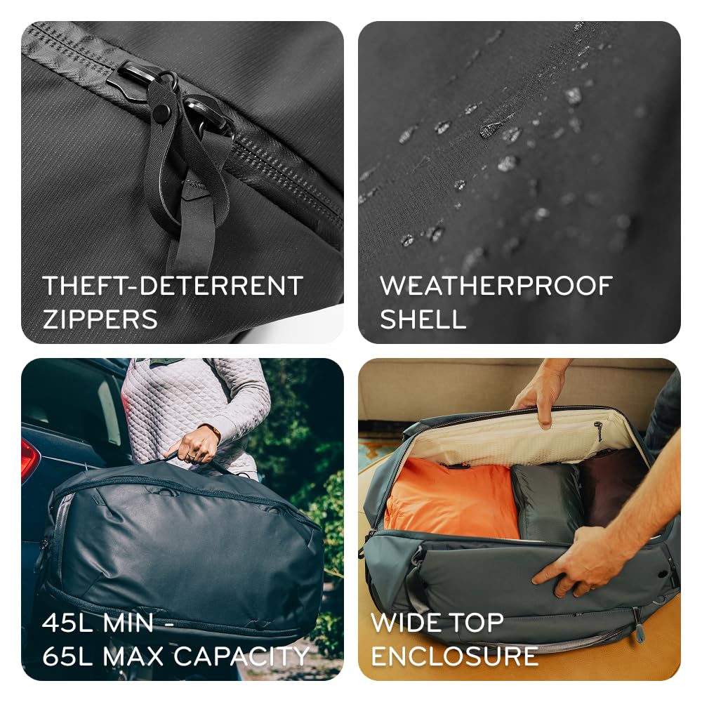 Peak Design Travel Duffelpack 45-65L, Ocean, Weatherproof Duffel Backpack, Expandable Design, Extra-Long Zip Path, Stowable Straps, Fits Packing Cubes and Camera Cubes, Versatile Duffel Bag for Travel