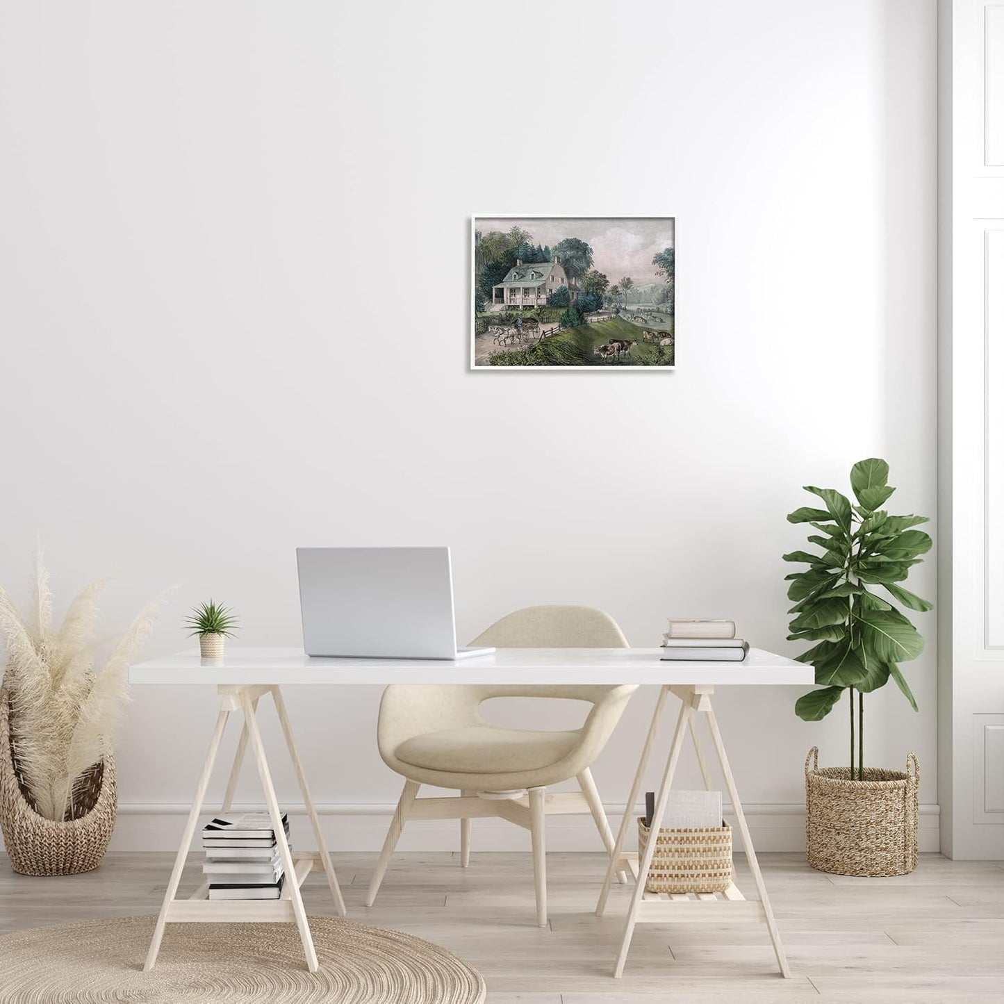 Stupell Industries Classic Countryside House Painting, Roaming Farm Animals Framed Wall Art by Daphne Polselli