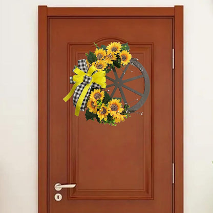 Sunflower Wagon Wheel Wreath for Front Door, Wooden Decor with Sunflower and Bow, 17.7in Spring Wreath