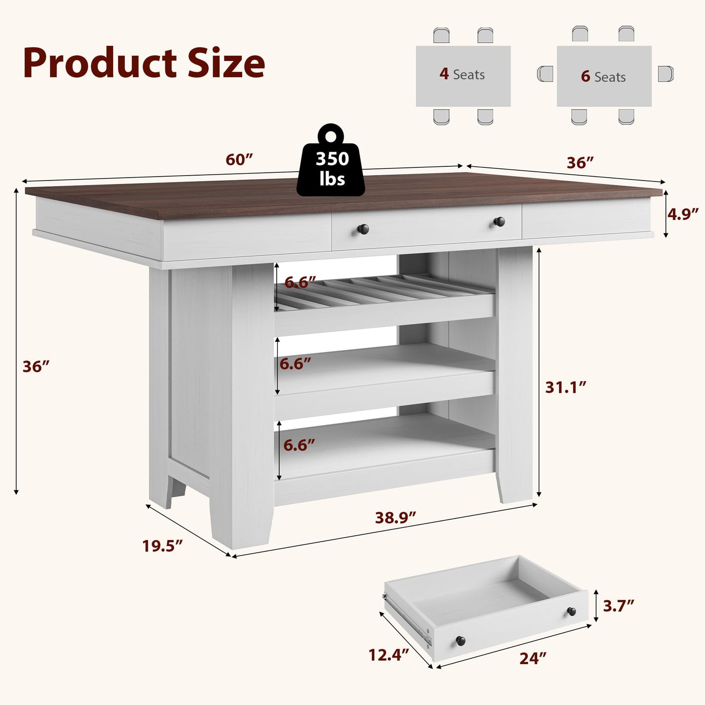 SLEKVERSA Farmhouse Dining Counter Height Table with Wine Rack & 3 Shelves, 36" Wooden Tall Dining Table with 2 Drawers, Thick Frame Counter Height Kitchen Table for Entertaining, Retro White Brown