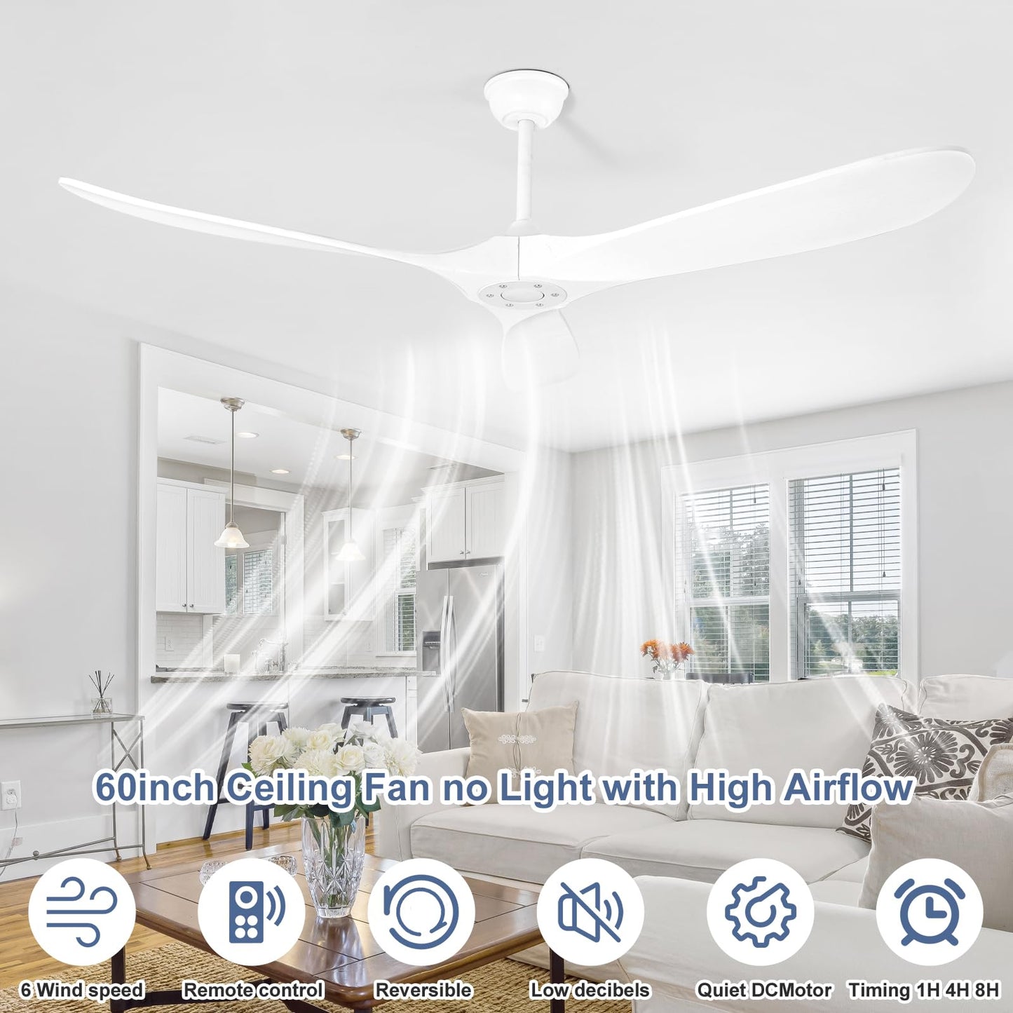 YOZZAN Solid Wood Ceiling Fans no Light,60'' White Ceiling Fan with Remote Control,DC Motor with Large Airflow,Indoor and Outdoor Ceiling Fan for Living Room,Bedroom,Patios
