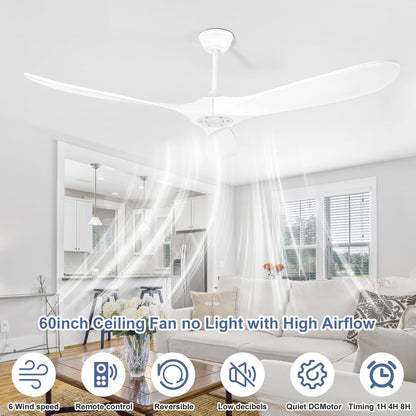 YOZZAN Solid Wood Ceiling Fans no Light,60'' White Ceiling Fan with Remote Control,DC Motor with Large Airflow,Indoor and Outdoor Ceiling Fan for Living Room,Bedroom,Patios