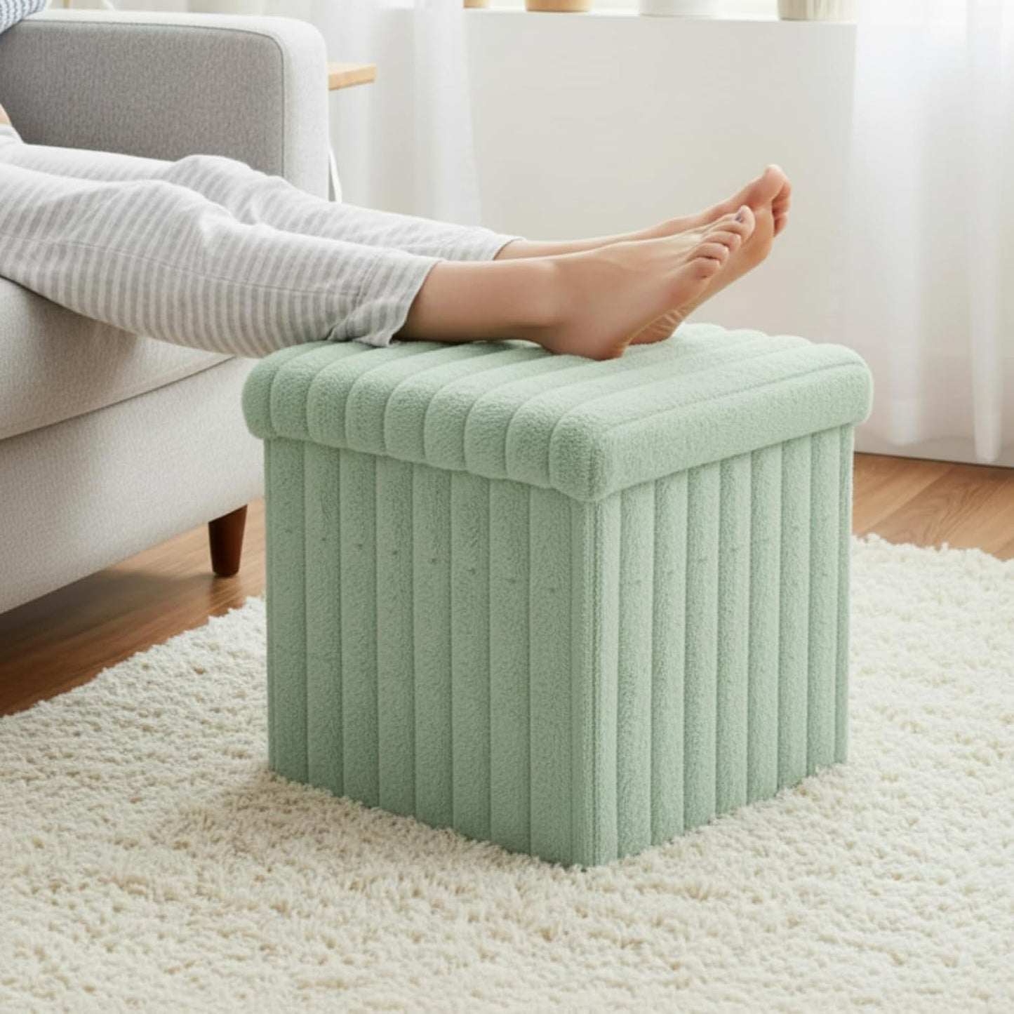 15x15x13 Inch, 265lbs Wenqik Green Storage Ottoman Cube, Fluffy and Furry Green Square Foot Rest Stool, Foldable