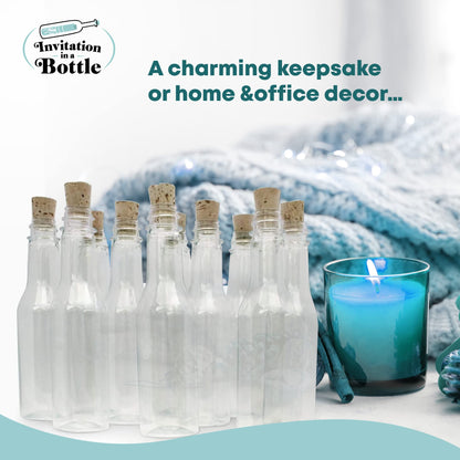 Plastic Bottles & Corks Set (20) - Clear PET Plastic Potion Bottles with Cork - Small Bottles with Cork & Tiny Jars with Cork Bottles for Invitation in a Bottle, Message in Plastic Bottle, DIY Crafts