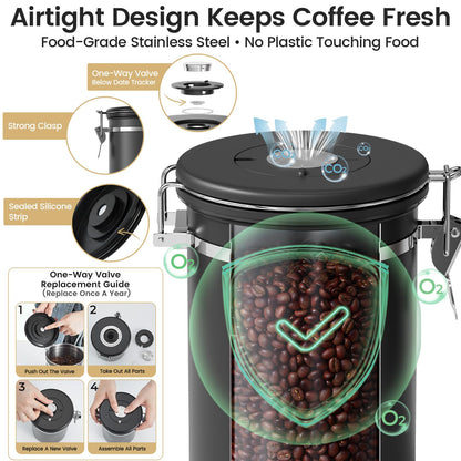 Veken Coffee Canister with Window,Airtight Stainless Steel Pantry Container,Home Kitchen Food Storage Organizers for Ground,Beans,Espresso,Rice,Tea,Sugar,Cereal, Decor,Bar Accessories,Gifts,22OZ,Black